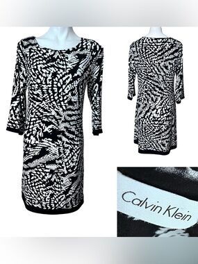 Calvin Klein‎ dress sz 10 Black/White Abstract Print Sheath office church summer